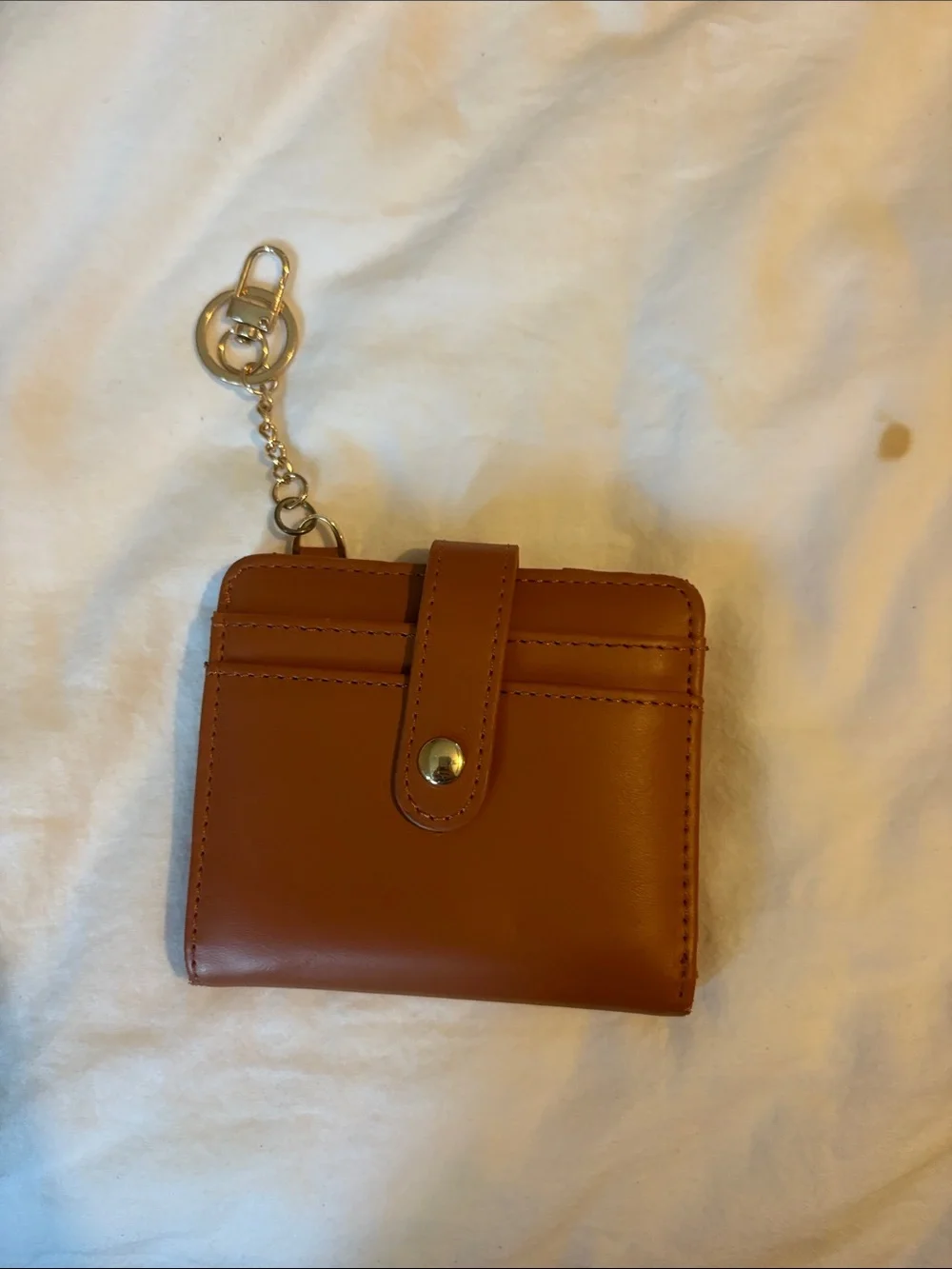 Women's Tan Faux Leather Card & Key Holder with Snap Strap